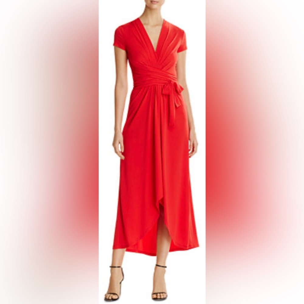 Michael Kors Women’s Vibrant Red V-Neck Wrap High Low Midi Dress Size 6 Stretch